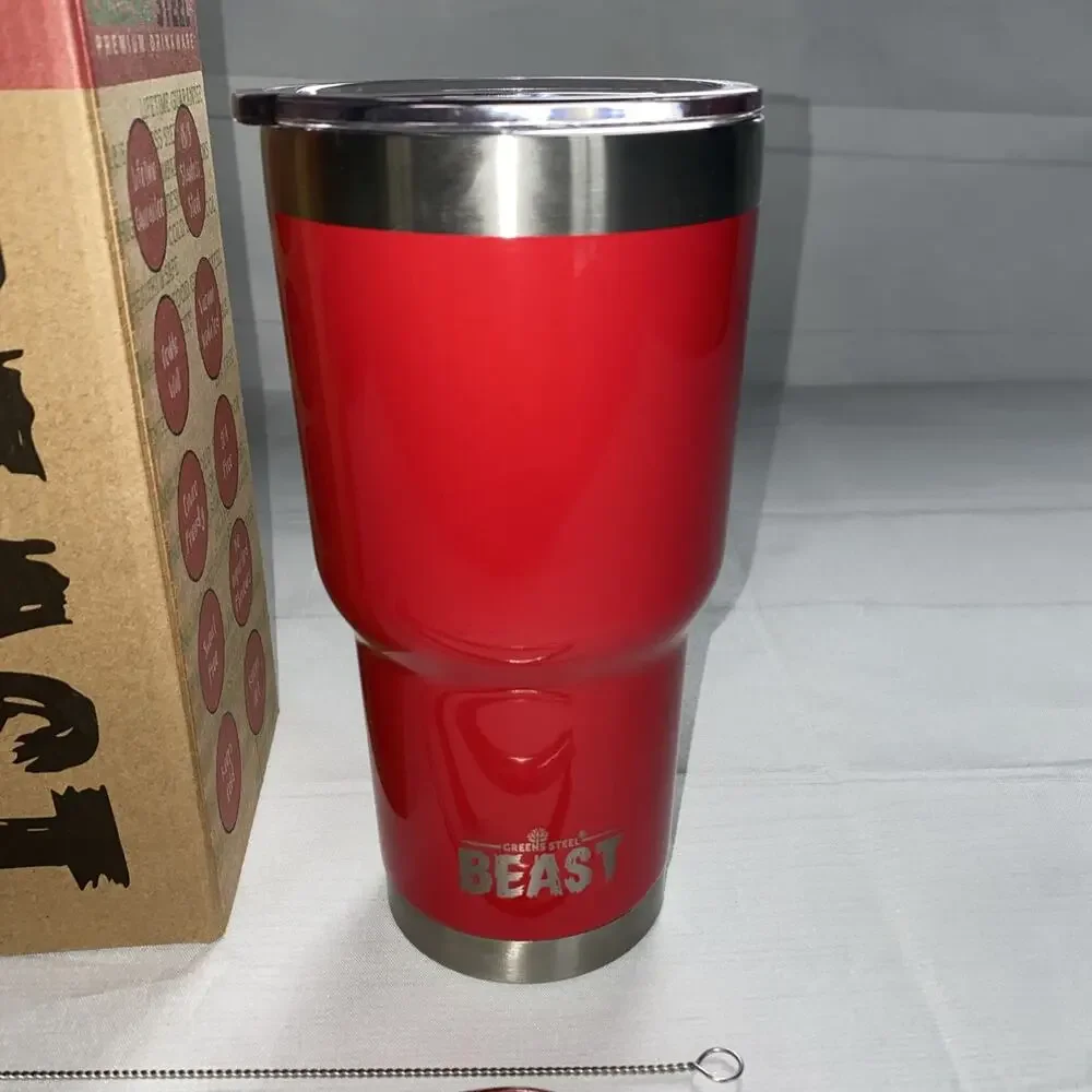 BEAST 30oz Drink Tumbler W/ Reusable Straws. Lady Bug Red, Keeps Hot Or Cold